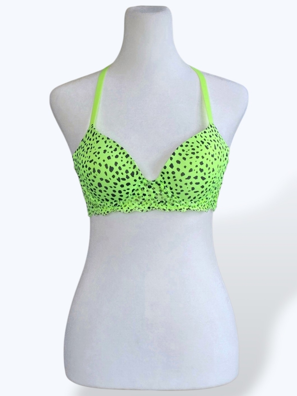 🔵No Boundaries Neon Green Animal Print Convertible Lace Frame T-Shirt Bra 34B